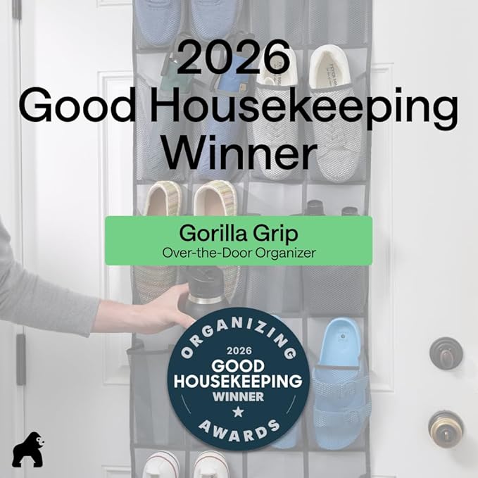 GORILLA GRIP Over the Door Shoe Organizer, 24 Extra Large Breathable Mesh Pockets, Space Saving Hanging Storage Holder, 4 Hook Closet Rack Hanger, Hangs on Closets for Shoes and Accessories, Grey