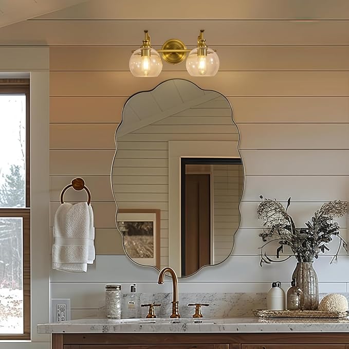 ANDY STAR Gold Bathroom Light Fixtures, 2-Light Brass Vanity Light, Modern Sconces with Globe Clear Lampshade, Farmhouse Bathroom Lighting Fixtures Over Mirror with Metal Lamp Body, E26 Base