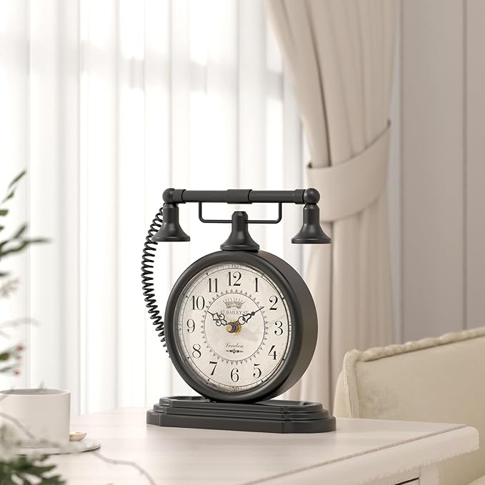 Vintage Table Clock, Desk and Shelf Decor Clock, Black Antique Telephone Style Mantel Clocks, for Living Room, Farmhouse, Bedroom, Bedside, Gift (7.3" H x 7.3" W)