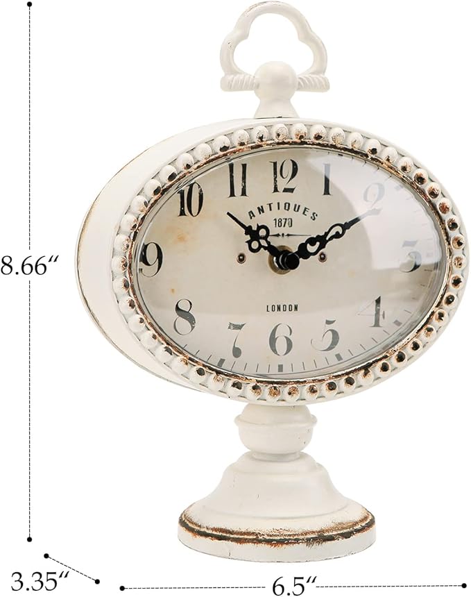 NIKKY HOME Vintage Table Clock with Beads, Silent Shelf Desk Top Clock Battery Operated Antique Design, Chic Home Decor for Fireplace Mantel, Desktop, Countertop, White