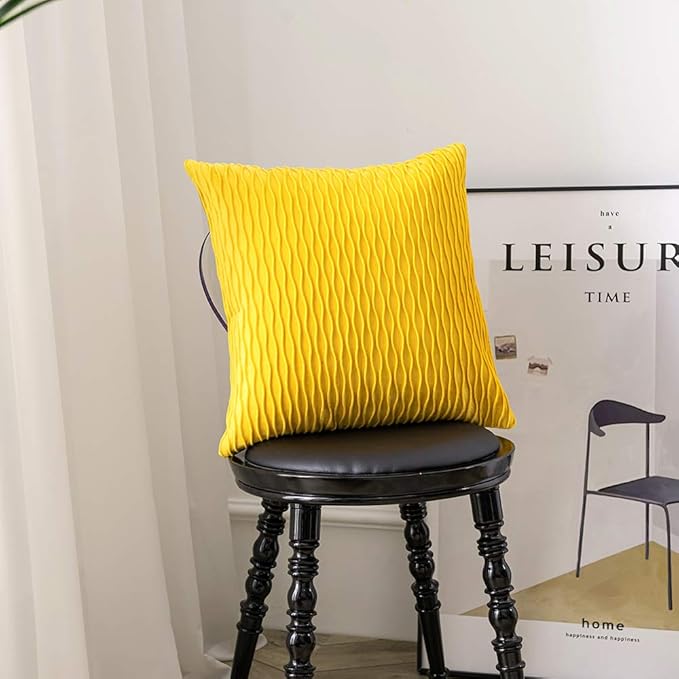 Mustard Yellow Couch Pillow Covers: 2 Pack 18x18 Inch Original Striped Velvet Square Throw Pillow Cases for Farmhouse Home Decor