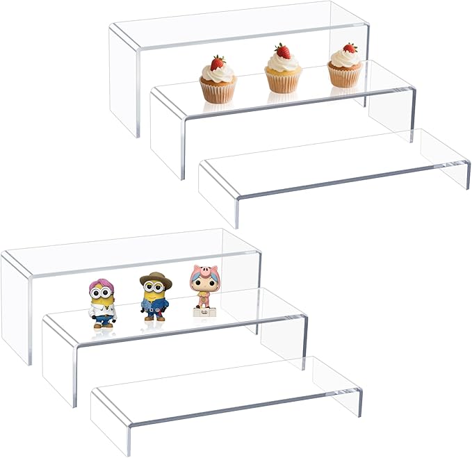 Acrylic Display Riser Stand,5mm Thickness,12'' Length Tier Display Stands, Thickened to 0.2''(5mm) Acrylic Shelf Risers for Perfume Display,Risers for Buffet Table,Cupcake Stand,Pop Figurines,Tumbler,Food,6Pcs