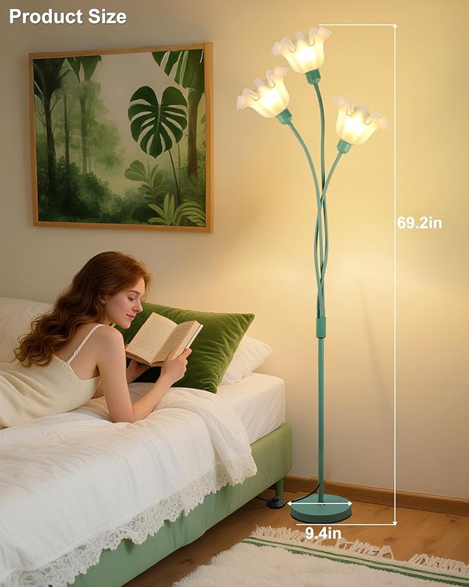 Lightdot Vintage Flower Floor Lamp for Living Room Modern Standing Lamp with DIY Flexible Branch Pole Spring Green Cute Floral Floor Lamps for Girls' Bedroom/Sofa Beside/Corner Decor(Bulbs Included)