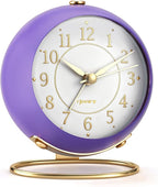 Metal Desk Alarm Clock, Retro Bedroom Table Vintage Analog Silent Non-Ticking Gold Alarm Clock, Bedside Decor(Violet Purple)
