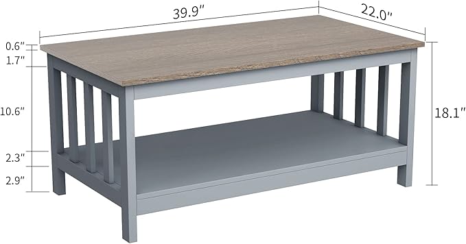 ChooChoo Grey Coffee Table, Coffee Table with Shelf for Living Room, 40 Inch