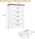 5 Drawer Dresser for Bedroom - Farmhouse 44.9" Tall Chest of Dresser with Large Storage, Rubst Wood Construction for Living Room, Hallway & Entryway - White (White & Brown)
