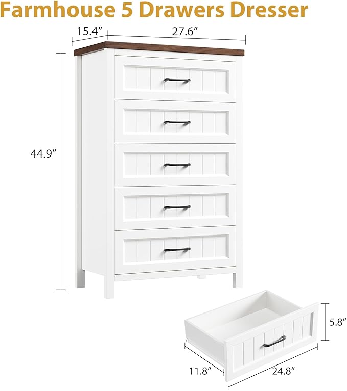 5 Drawer Dresser for Bedroom - Farmhouse 44.9" Tall Chest of Dresser with Large Storage, Rubst Wood Construction for Living Room, Hallway & Entryway - White (White & Brown)