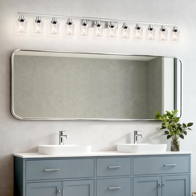 Brushed Nickel Bathroom Vanity Light, 12 Light Brushed Nickel Bathroom Lighting fixtures Over Mirror, Brushed Nickel Bathroom Vanity Lights Wall Lighting for Mirror Bedroom, Living Room