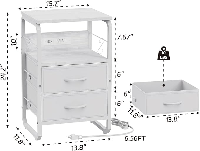 LED Nightstand, White Night Stand with Charger Station, Bed Side Table with Storage, Bedside Table with Drawers & Hooks, End Table with USB Ports & Outlets, Night Table for Living Room, Dorm