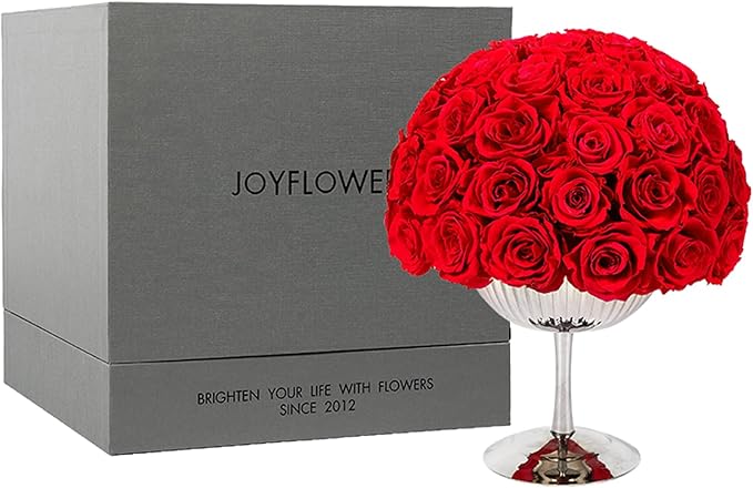 JoyFlower Preserved Flowers Vase Decor, Eternal Flower Vases for Centerpieces, Forever Flower Decorations for Party Home Wedding Table Living Room Bedroom, Stainless Steel Vase Decor(Red)