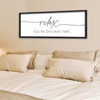 Surfapans Lake House Wall Decor Relax You're On Lake Time Sign 32"×12" for Bedroom Above Over Bed Lakeside Retreat Living Room Minimalist Large Wood Framed Horizontal Wall Hanging Art (Black)