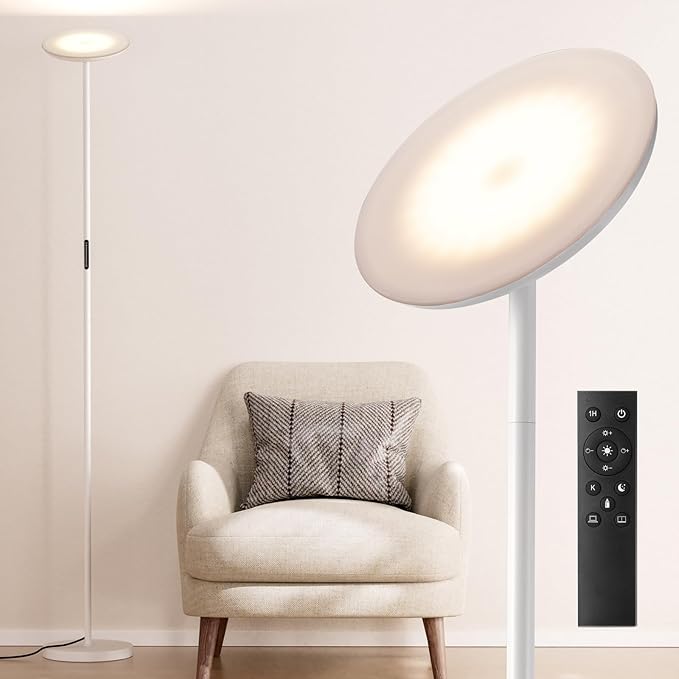 Modern LED Floor Lamp - Remote & Touch Control, Sky Torchiere Standing Lamp, Fully Dimmable, 3 Color Temperatures, Ideal for Living Room & Bedroom, Easy to Assemble(White)