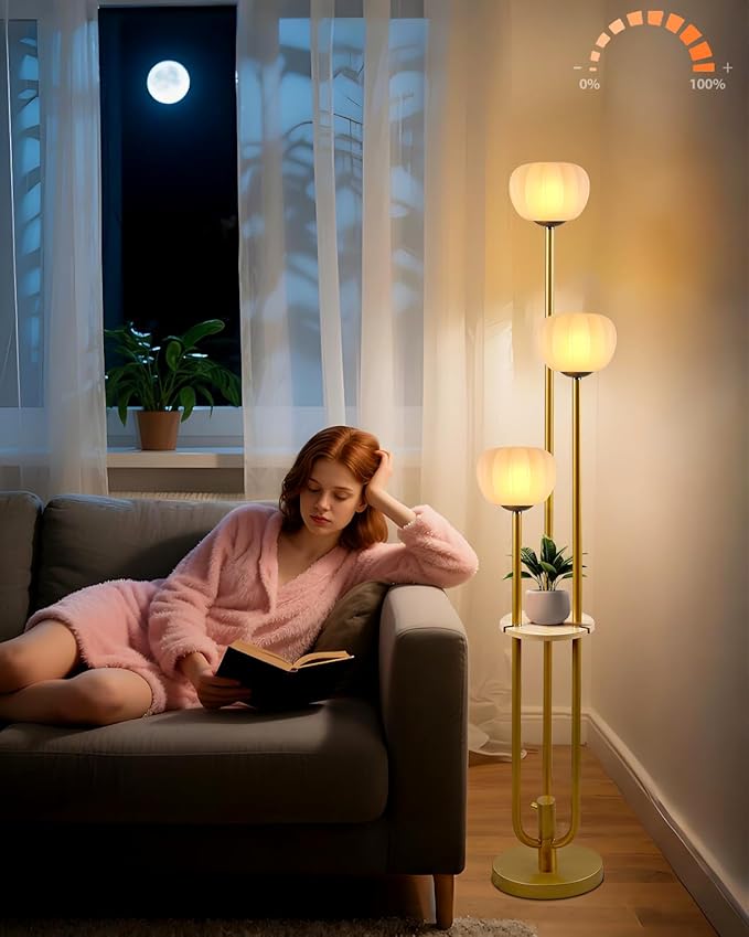 Lightdot Gold Floor Lamp with Table, Modern Dimmable Floor Lamps with Pumpkin Lampshade, 3000K Warm White Bulbs Included, 3-Light Tall Standing Lamp for Living Room/Bedroom/Sofa Beside/Corner Decor