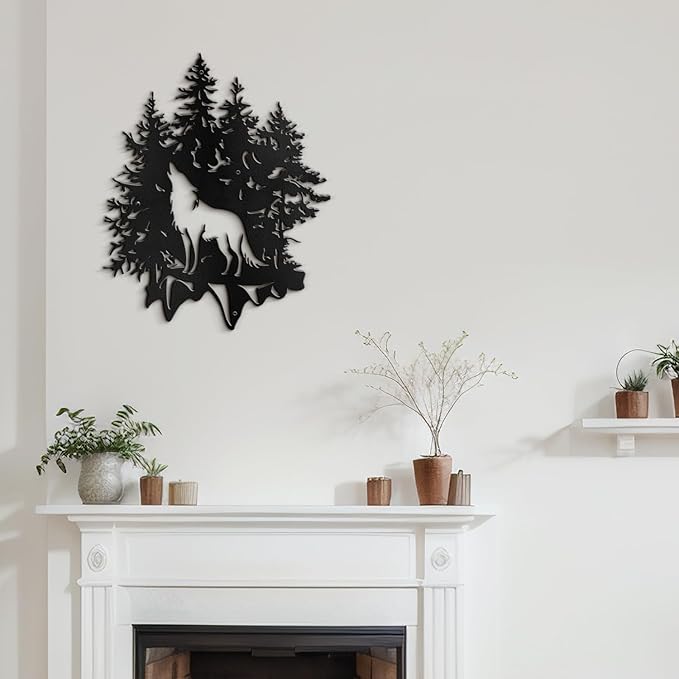 SIGNLEADER Metal Wall Art Decor Wolf and Pine Tree Minimalist Modern Abstract Wall Sculpture Hangings Home Decoration for Living Room, Bedroom, Bathroom, Kitchen, Outdoor - 24" Black