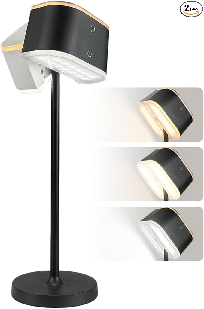 2 Pack Dual-Tone Rechargeable Cordless Desk Lamp – Black & White Portable Table Light, Type-C Charging Table lamp, Touch Control, 3 Color Temps, Stepless Dimming for Reading Study Bedside