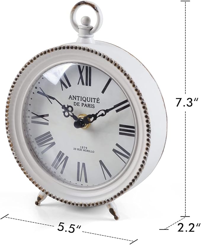 NIKKY HOME Vintage Table Clock with Handle, Shelf Desk Top Clock Battery Operated Rustic Design, Chic Home Decor for Fireplace Mantel, Desktop, Countertop, Distressed White
