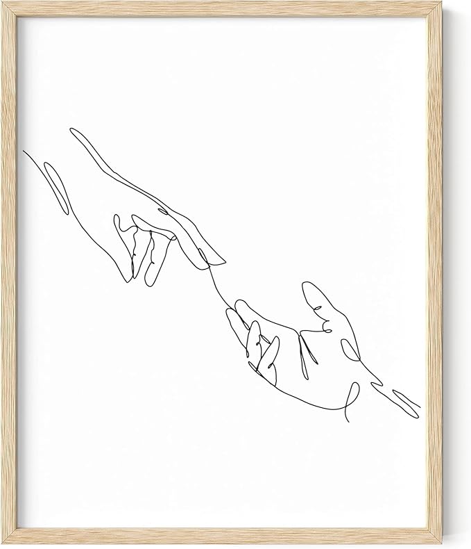 Minimalist Reaching Hands Wall Art Continuous Line Drawing Connection Symbol 8x10 Inch Oak Wood Beige Framed Aesthetic Modern Decor Print for Bedroom Living Room