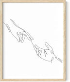 Minimalist Reaching Hands Wall Art Continuous Line Drawing Connection Symbol 8x10 Inch Oak Wood Beige Framed Aesthetic Modern Decor Print for Bedroom Living Room