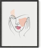 Aesthetic Face Wall Art Hands on Cheeks Continuous Line Drawing Abstract Pink Shapes 8x10 Inch Oak Wood Black Framed Modern Portrait for Bedroom Vanity