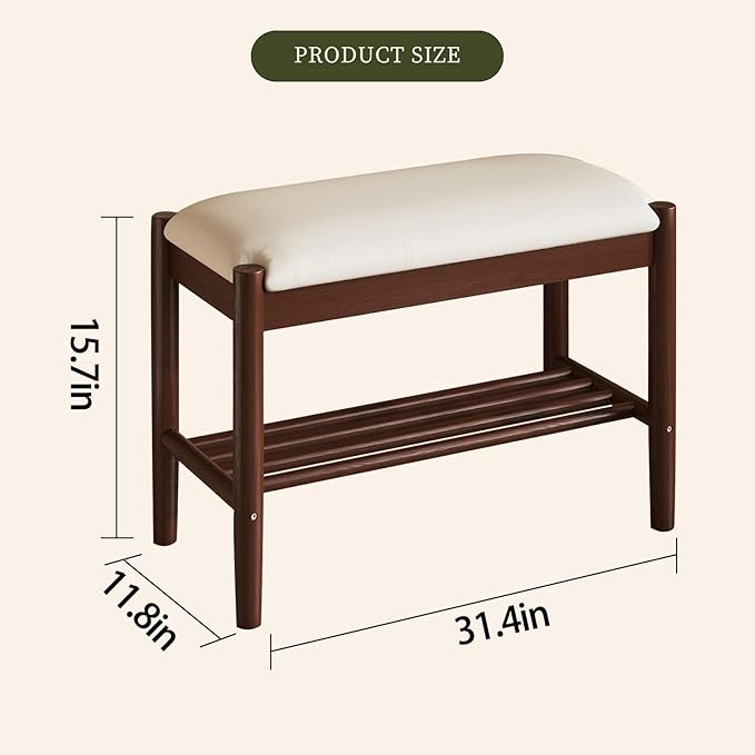 Solid Wood Shoe Bench with Cushion, 2-Tier Shoe Rack for Front Door Entrance, Enterway Benches with Shoe Storage (Walnut, 31.5in)