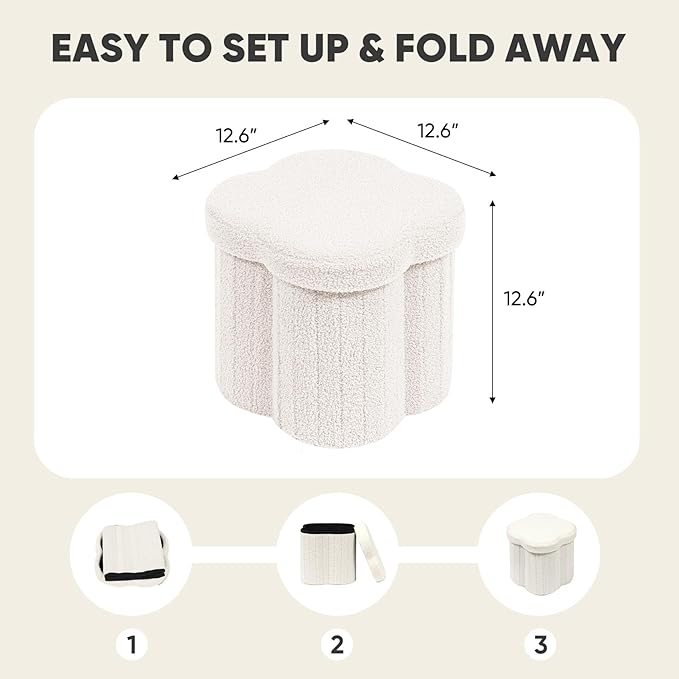 PINPLUS Storage Ottoman Cube Flower-Shaped Boucle Footrest Stool with Hidden Storage, Multi-Functional Cube Seat for Living Room, Dorm - White 12.6"x12.6"x12.6"