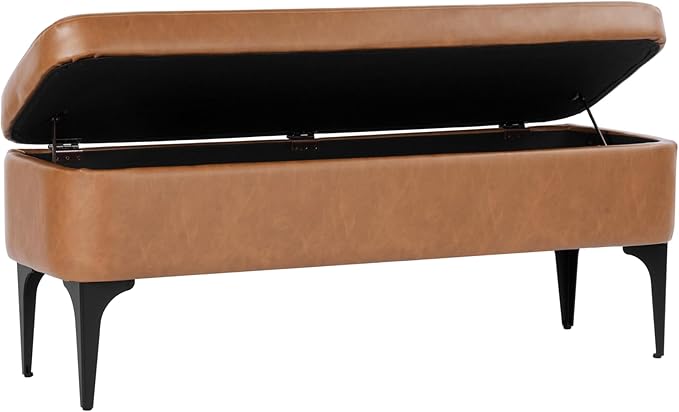 HomePop Upholstered Storage Bench with Metal Leg, 42" W, Carmel Faux Leather