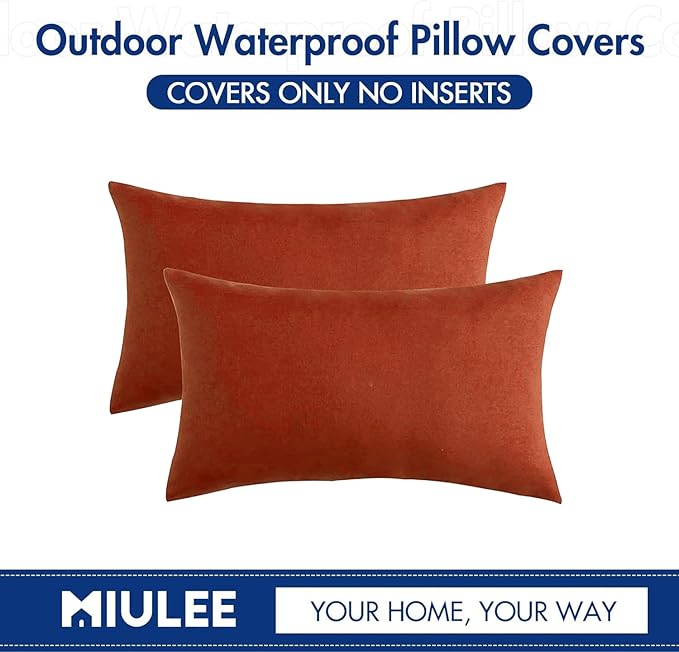 MIULEE Pack of 2 Decorative Outdoor Solid Waterproof Throw Pillow Covers Faux Linen Garden Farmhouse Cushion Cases for Summer Patio Tent Balcony Couch Sofa 20x12 Inch Burnt Orange