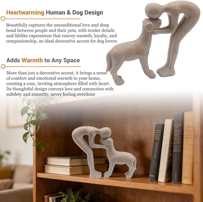 Human and Dog Statue Decoration, Cute Pet Sculpture Home Decor Tabletop Ornament Figurines Office Living Room Bedroom Home, for Dog Lovers Friends Family Decoration, Sandstone Color
