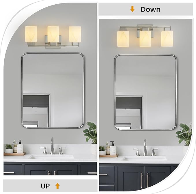 3-Light Square Bathroom Light Fixture, Brushed Nickel Modern Vanity Light with White Marble Glass Shade, for Bathroom Mirror, Living Room, Bedroom, Hallway, E26 Base