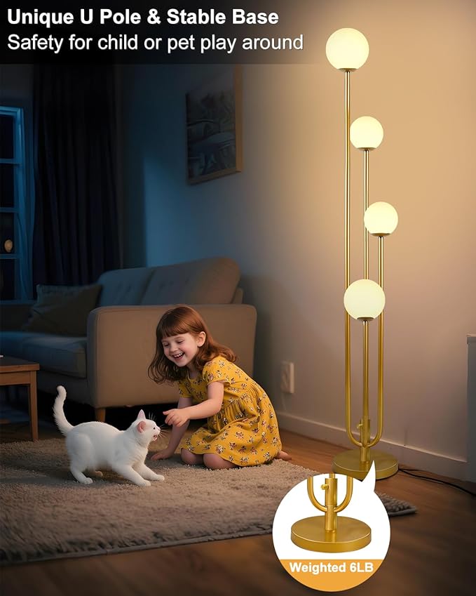 63IN 4-Light Dimmable Floor Lamp, Unique Candle Holder Style Gold Tall Standing Lamps with 3000K G9 Bulbs for Reading, Mid Century Modern Floor Lamp for Living Room Bedroom Home Office
