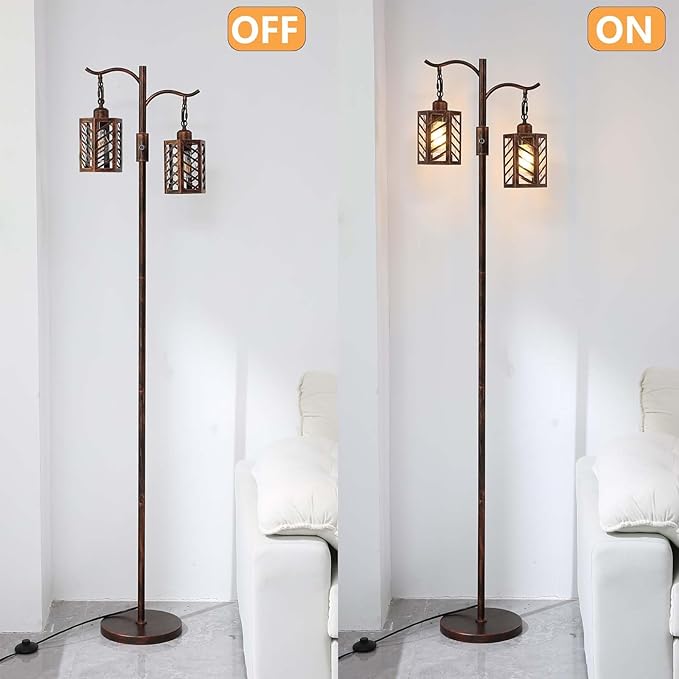 Industrial Vintage Dimmable Lamp, 2 Classical Lanterns Rustic Farmhouse Floor Lamp with Bronze Gold Finish, for Living Room Bedroom (Red Copper)
