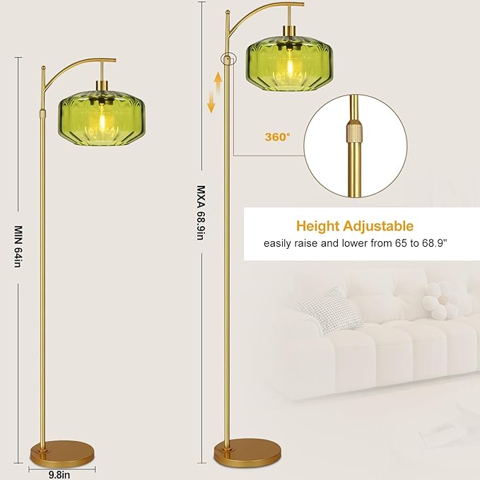 Gold Floor Lamps for Living Room Bedroom,Glass Floor Lamp with Remote Control & Green Lampshade,Arc Dimmable Floor Lamp Mid Century Modern Standing Lamp Vintage Tall Floor Lamps for Bedroom Corner