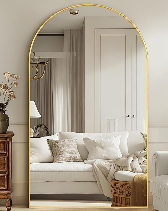 Antok Full Length Mirror, 88"x44" Oversized Floor Mirror Freestanding, Full Body Mirror Floor Standing Mirrors with Stand, Hanging Mounted Mirrors for Living Room Cloakroom,Gold,Arched Style