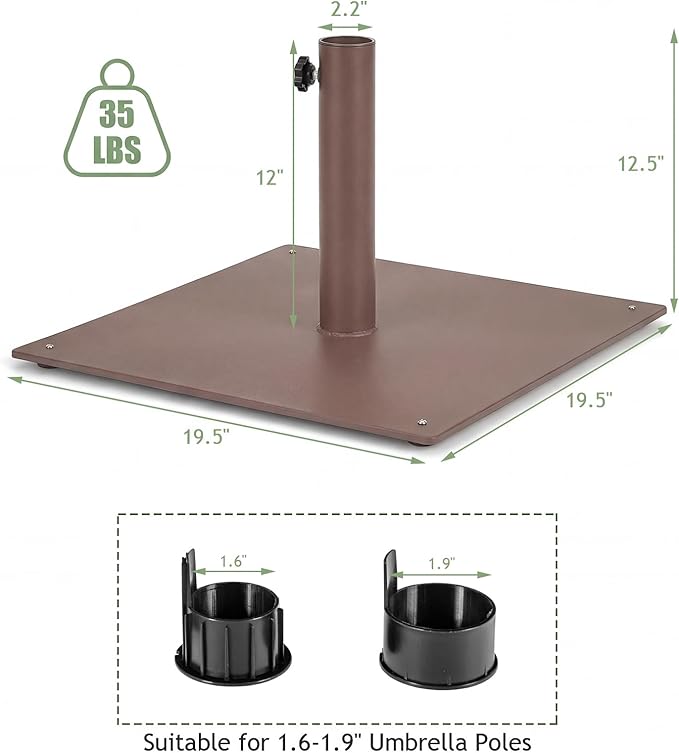 Tangkula 35 LBS Patio Umbrella Base, 20 Inches Heavy Duty Umbrella Stand, Square Umbrella Base w/Non-Slip Pads, Tightening Knob & 2 Adapters, Outdoor Umbrella Stand for Yard, Poolside, Garden (Brown)