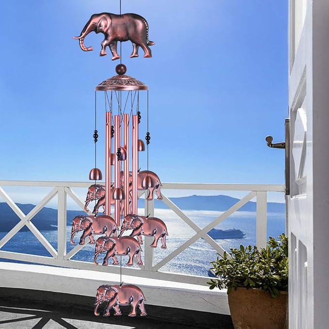 Garden Elephant Wind Chimes Outdoor Indoor Decor - With 4 Tubes 6 Bells 7 Elephants Wind Chime, Mobile Wind Catcher, Elephant Windchimes for Home, Mom Gifts, Balcony, Tree, Festival, Garden Decoration