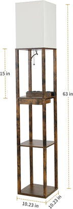 SUNMORY Floor Lamp with Shelves, Modern Dimmable Standing Lamp with Drawer & 2 USB Ports & 2 Power Outlet, Corner Tall Shelf Lamp for Living Room and Bedroom (Rustic Browm)