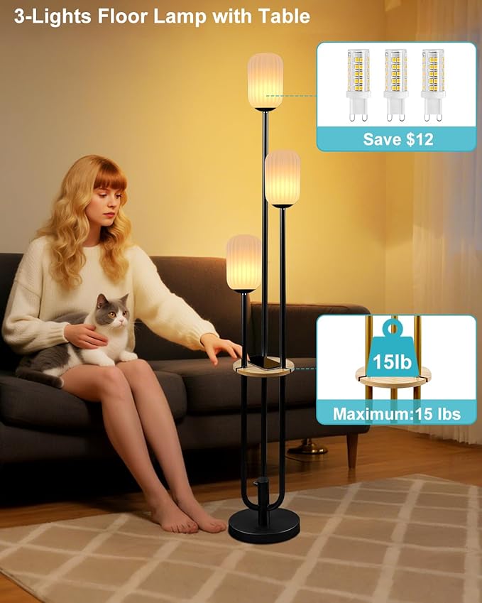 Lightdot Black Dimmable Floor Lamp with Shelf, Modern Floor Lamps with Oval Striped Lampshade& Bulb Included 3-Lights Candle Holder Style Tall Lamp for Living Room/Bedroom/Sofa Beside/Corner Decor
