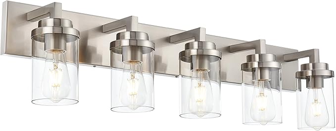 MELUCEE 5-Light Bathroom Vanity Light Brushed Nickel Finish with Clear Glass Shade, Modern Wall Mount Light Fixtures for Bedroom Powder Room Hallway