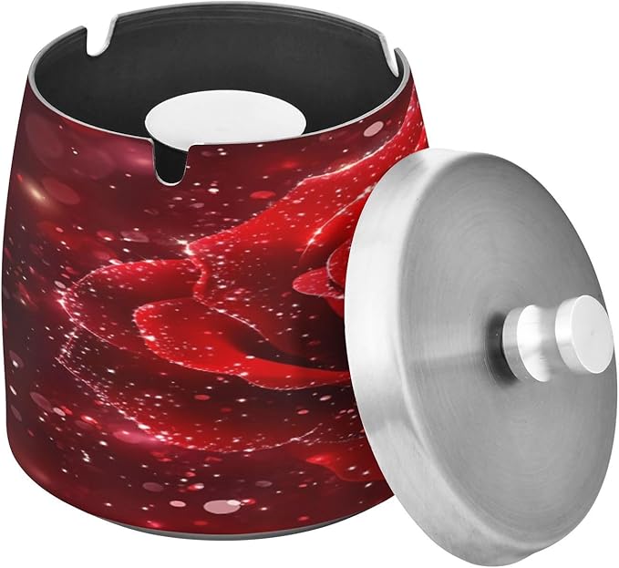 Rose Glitter Ashtray with Lid, Outdoor Ashtrays for Patio, Stainless Steel Ashtray Odorless Smokeless for Home Office Balcony