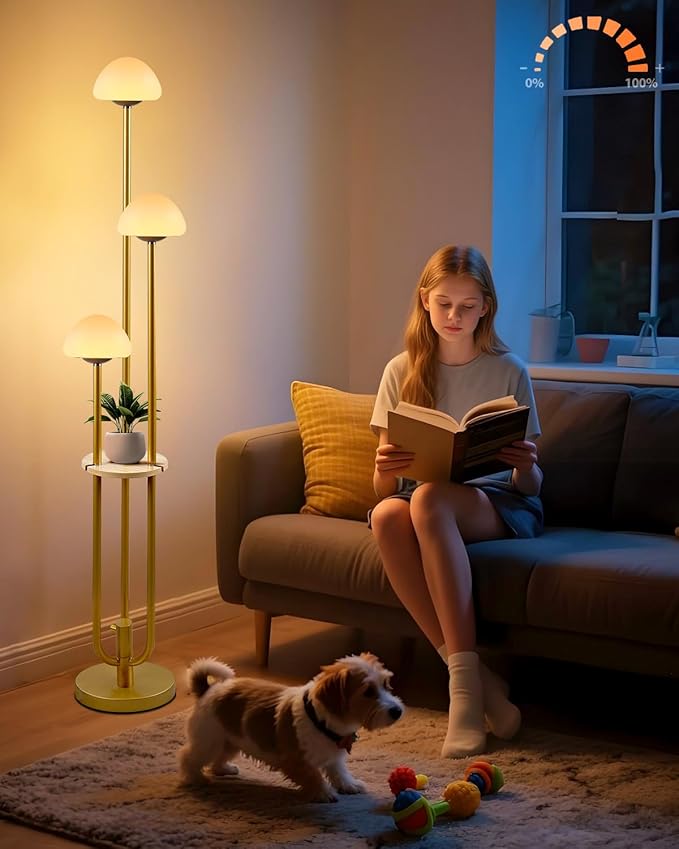 Lightdot Gold Dimmable Floor Lamp with Table, Modern Floor Lamps for Living Room, 3000K Warm Lights Tall Standing Lamp with Mushroom Shades & Bulbs Included for Bedroom/Sofa Beside/Corner Decor