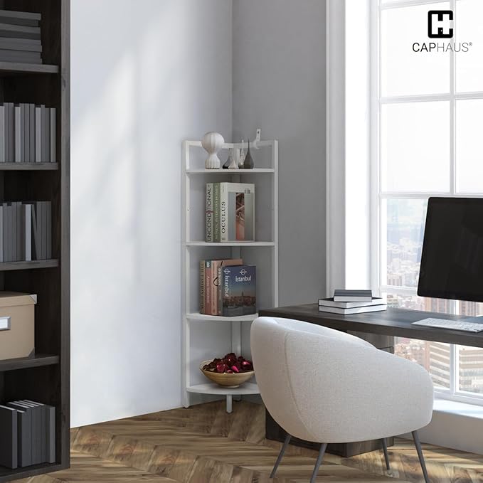 CAPHAUS 4 Tier Corner Shelf, 46.5-Inch Tall Corner Bookshelf, Metal Frame Display Rack, Round Corner Shelf Unit Rack, Small Corner Stand for Bathroom, Living Room, Home, Office, White