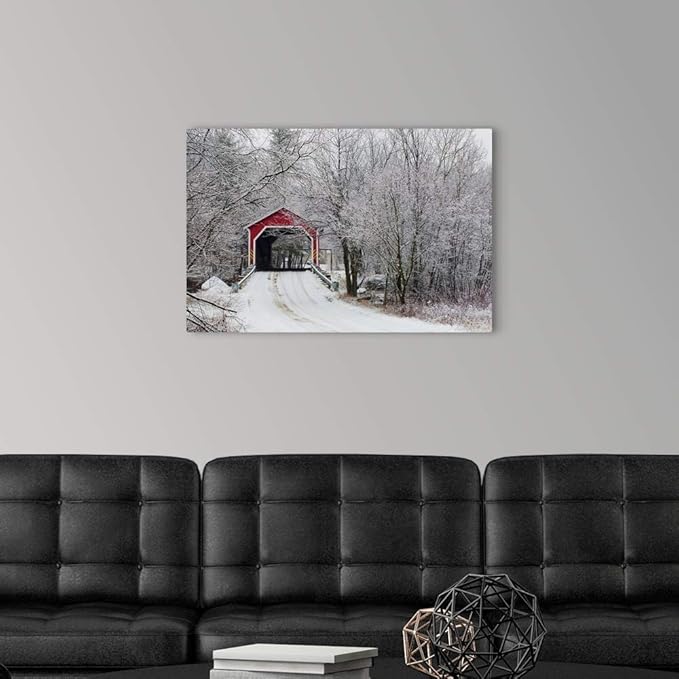 CANVAS ON DEMAND Red Covered Bridge in the Winter; Adamsville Quebec Canada Canvas Wall Art Print by David Chapman, Home Decor, Frost, Winter Artwork, 30"x20"