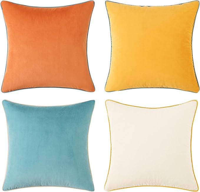 Mecatny Set of 4 Velvet Throw Pillow Covers 20x20, Soft Colorful Accent Decorative Couch Pillow Covers for Sofa Living Room, Orange/Yellow