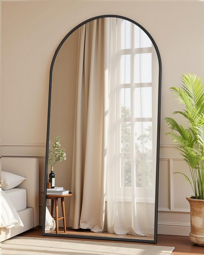 Full-Length Floor Mirror with Stand, 76"x44" Arched Style Full Body Standing Mirror for Bedroom, Living Room, Gym, Dorm - Shatter-Resistant & Easy Assembly, Black
