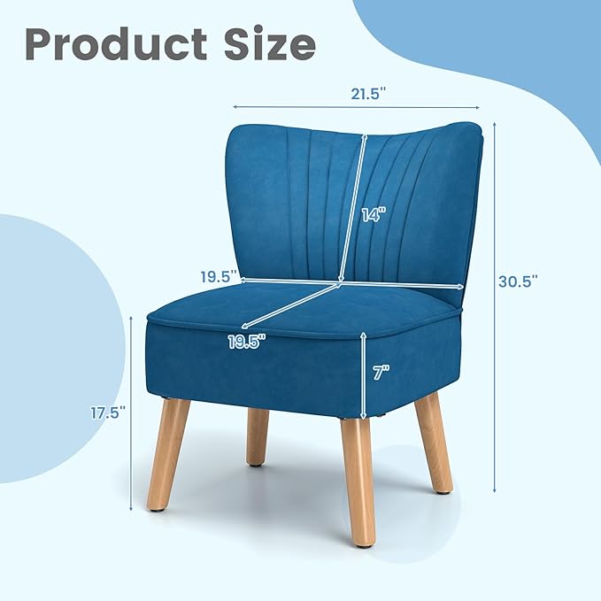 KOMFOTT Velvet Accent Chair Set of 2, Modern Armless Sofa Chair with Solid Rubber Wood Legs, Wingback Leisure Chair with Thick Cushion, Upholstered Side Chair for Living Room, Bedroom, Blue