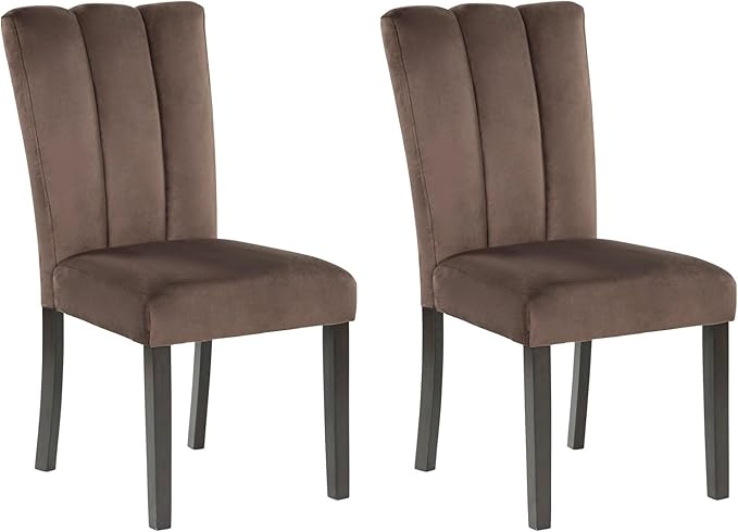 Signature Design by Ashley Jazmore Contemporary Velvet Upholstered High Back Dining Chair with Solid Wood Frame and Stitching Details, Set of 2, Dark Brown