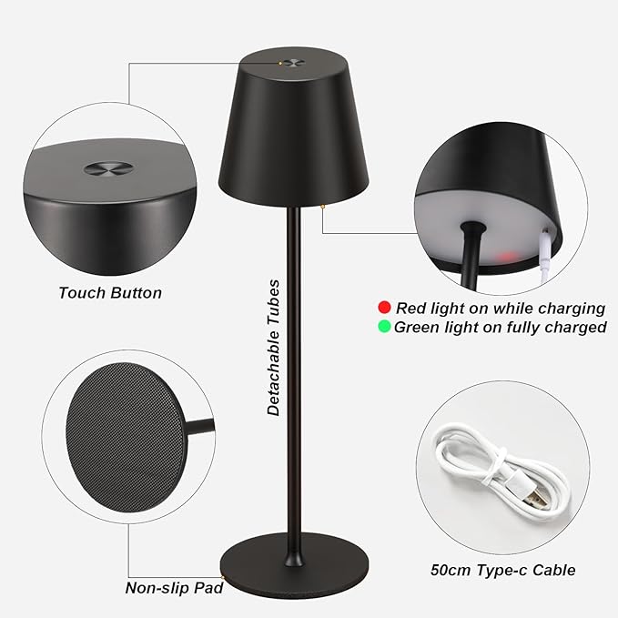Kakanuo Black Cordless Table Lamp Rechargeable - KK 1 Pack 5000mAH Battery Operated Lamp for Counter, 3 Color Stepless Dimming Wireless Lamps for Dining Kitchen, Outdoor Patio, Touch Control