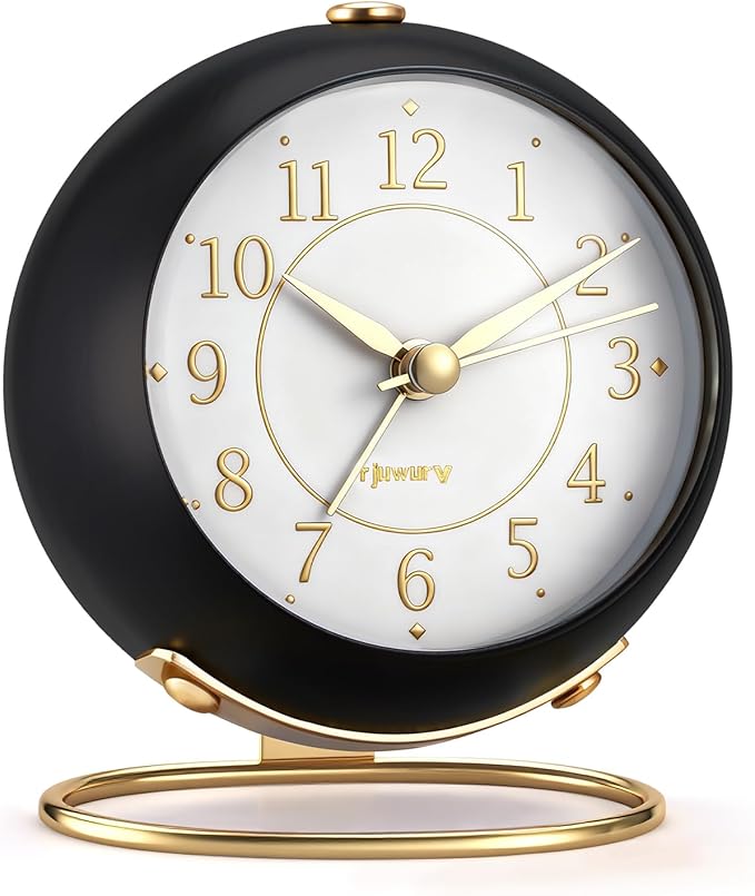 Metal Desk Alarm Clock, Retro Bedroom Table Vintage Analog Silent Non-Ticking Gold Alarm Clock, Bedside Decor(Black)