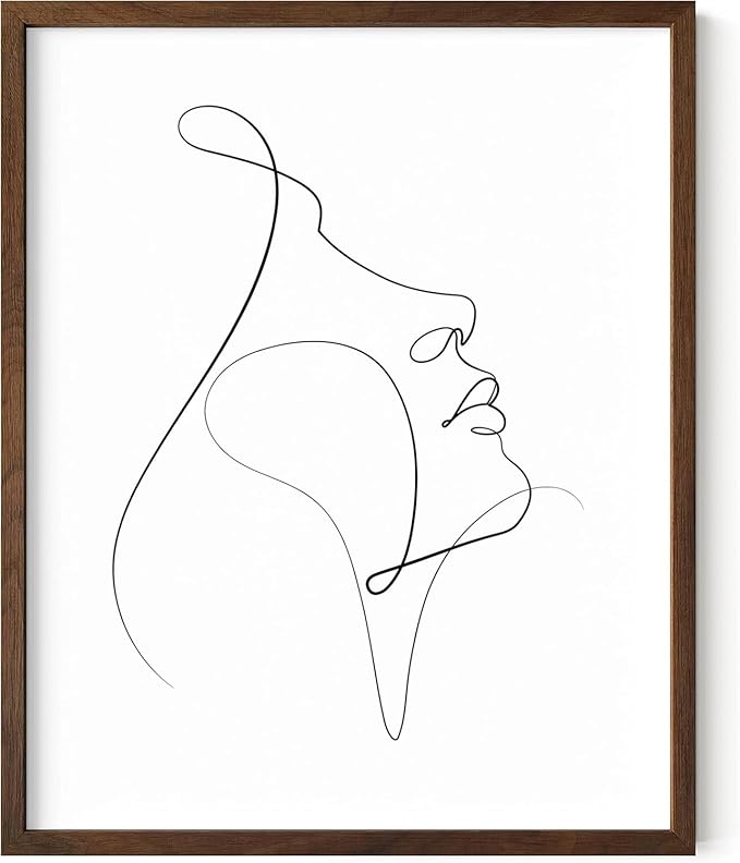 Minimalist Woman Profile Wall Art Upward Gaze Continuous Line Drawing Feminine Face 16x20 Inch Oak Wood Walnut Framed Modern Aesthetic Print for Living Room