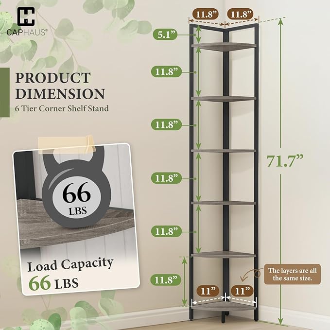 CAPHAUS 6-Tier Corner Shelf, 71.1-Inch Tall Corner Bookshelf with Metal Frame, Round Corner Shelf Unit for Bathroom, Living Room, Home, Office, Dark Grey